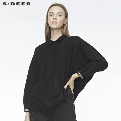 sdeer圣迪奥女装翻领半门襟亮片拼接开衩落肩袖纯黑衬衫S19480525图片