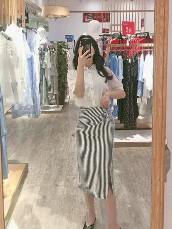 季候风夏季通勤OL包臀裙中长裙开叉条纹显瘦半身裙女0232QH832图片