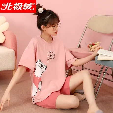 北极绒睡衣女夏季薄款2022年新款纯棉短袖短裤全棉宽松家居服套装商品大图