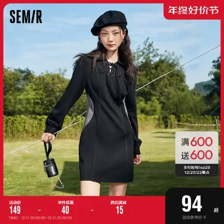 森马连衣裙女翻领拼接显瘦小心机2022秋季新款甜酷修身长袖小黑裙图片