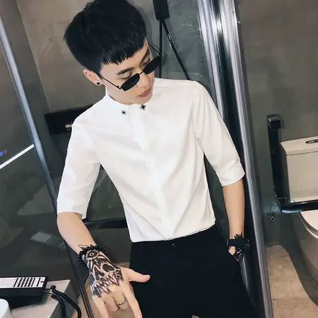 2023夏季男5分袖衬衫修身工作服潮牌潮流网红发型师时尚短袖衬衣商品大图