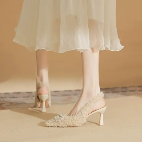 高跟鞋女细跟2024年新款春秋后空水钻尖头法式设计感小众名媛单鞋图片