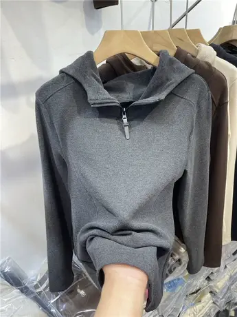 欧货连帽半拉链双面德绒卫衣女2024秋冬新款休闲拼接纯色软糯上衣图片