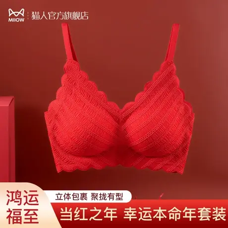 猫人本命年内衣女士大红色生肖龙年收副乳无钢圈结婚新娘文胸套装图片
