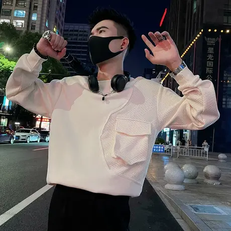 春秋季ins长袖t恤男重磅卫衣拼接口袋设计感痞帅休闲打底上衣体恤商品大图