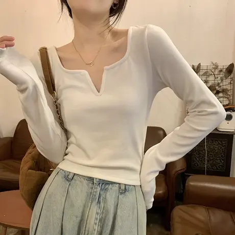 设计感小众V领长袖T恤打底衫女内搭磨毛修身洋气小衫百搭紧身上衣商品大图