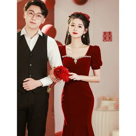 敬酒服2023新款新娘女夏季回门订婚高级感礼服优雅鱼尾红裙中长款商品大图