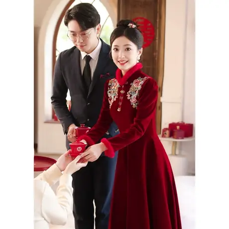 中式敬酒服2024新款新娘秋冬季长袖加绒加厚保暖结婚订婚礼服回门图片