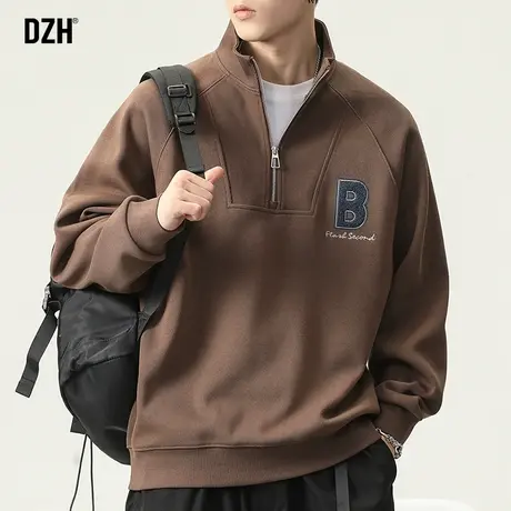 男士咖啡色重磅卫衣男美式高街半拉链上衣2024年新款春季刺绣外套商品大图
