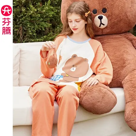 芬腾布朗熊睡衣女纯棉长袖春秋季宽松卡通可爱秋款全棉家居服套装商品大图