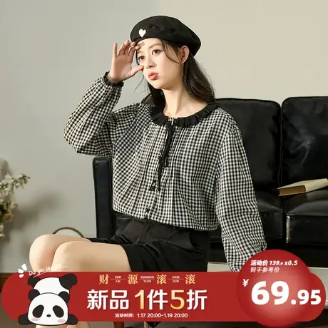 唐狮2024早春新款格子衬衫女花边领赫本风宽松衬衣甜美娃娃领上衣图片