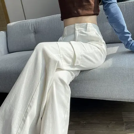 白色微喇牛仔裤女2024春秋新款宽松直筒垂感显瘦高腰阔腿拖地长裤图片