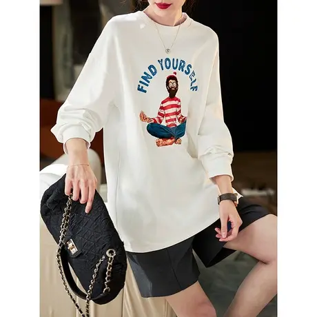 宝诗黎圆领字母印花长袖T恤2024春季新款简约百搭棉质休闲上衣女图片