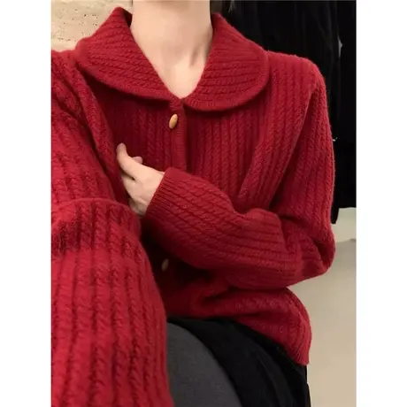 牛角扣毛衣外套女2024春秋新款时尚慵懒风软糯复古针织开衫女上衣图片