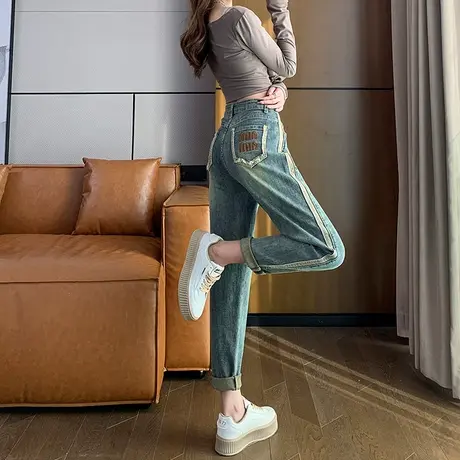 复古高腰哈伦牛仔裤女春秋新款高腰大码胖MM宽松小个子萝卜老爹裤图片