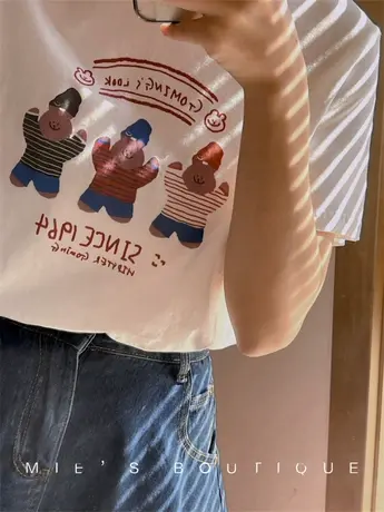 熊抱中勿扰~经典美式超柔纯棉基础款纯色圆领短袖白色正肩T恤女夏商品大图