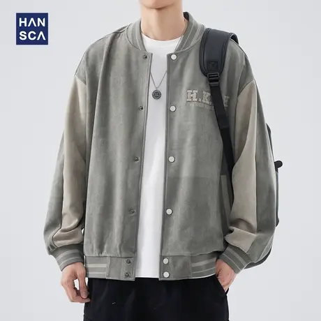 hansca美式复古重磅麂皮绒卫衣男秋季潮牌宽松休闲运动棒球服外套商品大图