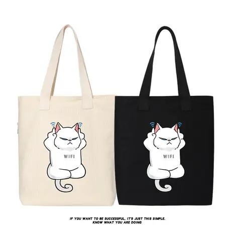 wifi卡通白猫咪大学生上课帆布包袋单肩斜挎手提包托特包女大容量商品大图