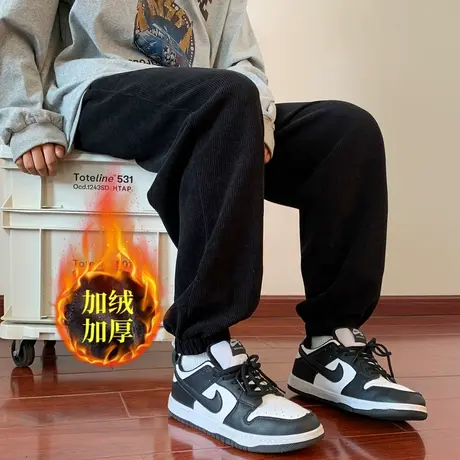 裤子男春秋灯芯绒潮牌加绒束脚卫裤黑色潮流宽松运动裤男士休闲裤商品大图