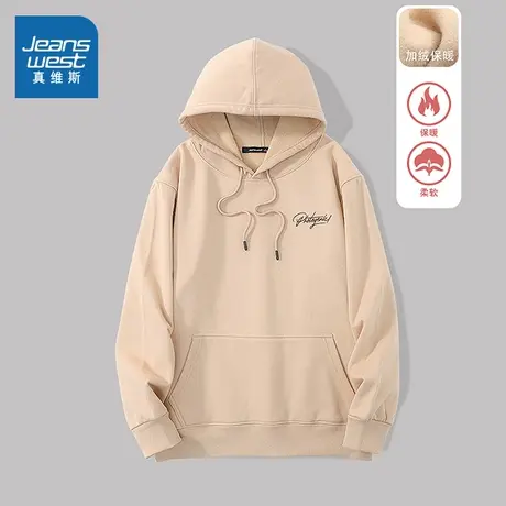 KC真维斯男装加绒卫衣2023冬季新连帽印花套头长袖学生套头衫上衣商品大图