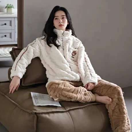 婷美新款珊瑚绒睡衣女士立领加绒加厚长毛绒保暖套装家居服秋冬季商品大图