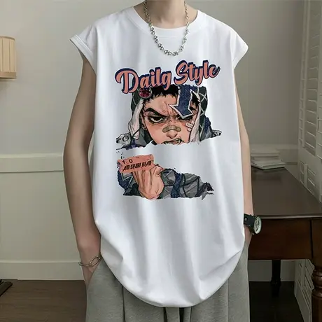 背心男款夏季潮牌宽松高街痞帅无袖t恤设计感印花运动坎肩汗衫男商品大图