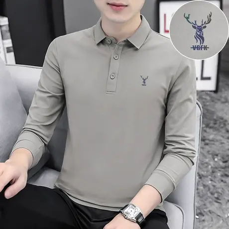 2023新款珠地棉polo衫保罗翻领t恤男长袖鹿头有领体恤带领打底衫商品大图