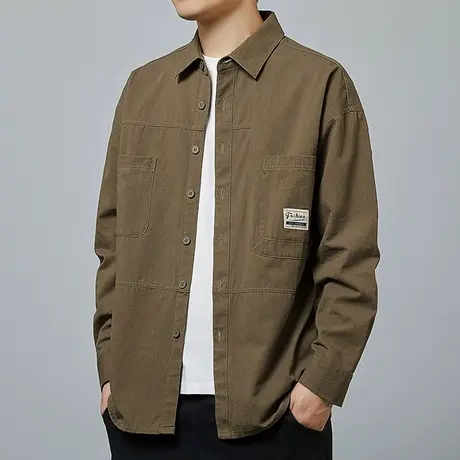 工装衬衫男士长袖春秋款宽松纯棉日系衬衣潮流翻领上衣休闲外套潮商品大图