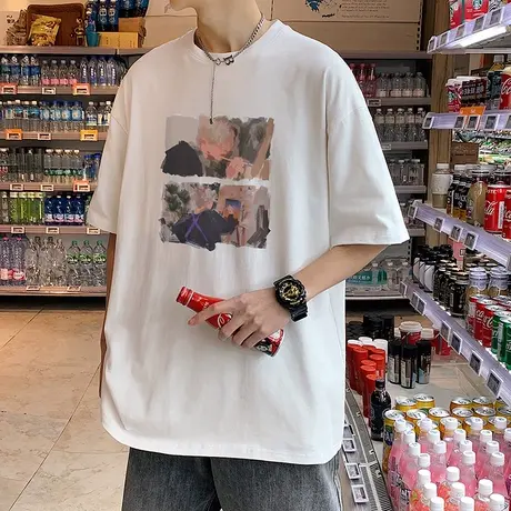 港风短袖t恤男夏季宽松半袖潮牌2023新款美式油画印花体恤上衣服商品大图