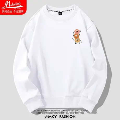 卡通日系涂鸦圆领卫衣男士白色简约无帽套头衫宽松百搭潮流情侣装商品大图