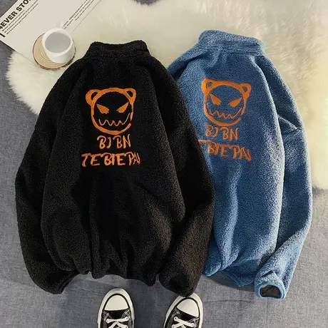 羊羔毛外套男士秋冬棉衣宽松大码加绒加厚棉服休闲保暖棒球服夹克商品大图