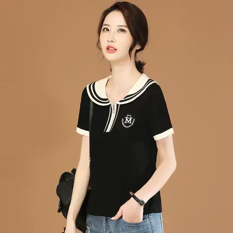 韩潮袭人海军领条纹拼接短袖T恤女2023夏新款正肩体恤衫上衣薄款商品大图