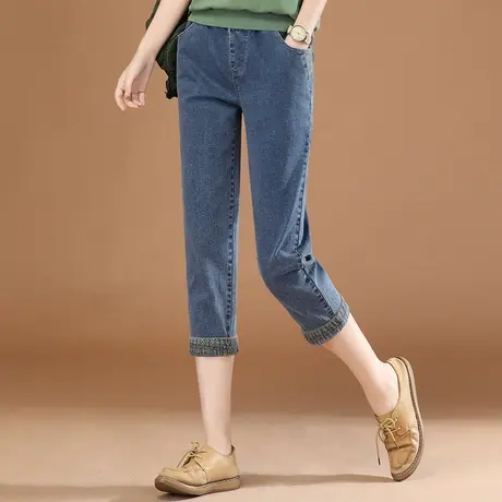 韩潮袭人松紧腰休闲牛仔七分裤女2023夏季新款百搭显瘦小脚哈伦裤商品大图
