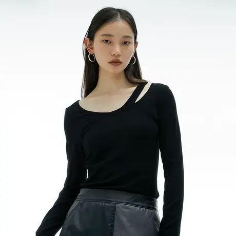 omont蛋挞家 不规则t恤女2023秋季新款设计感修身长袖打底衫上衣商品大图