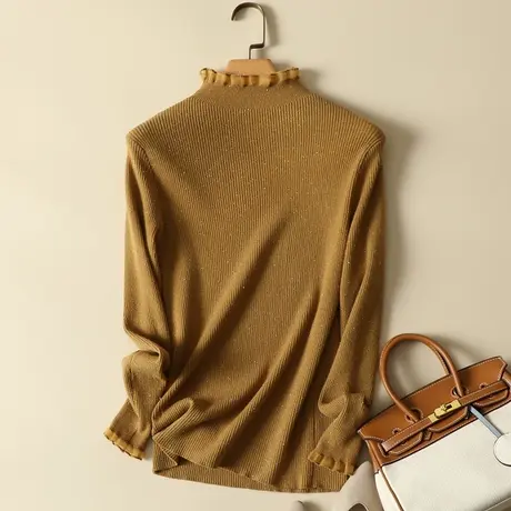 秋冬2023年新款蕾丝纯色半高领毛衣套头针织衫修身女士打底衫上衣商品大图