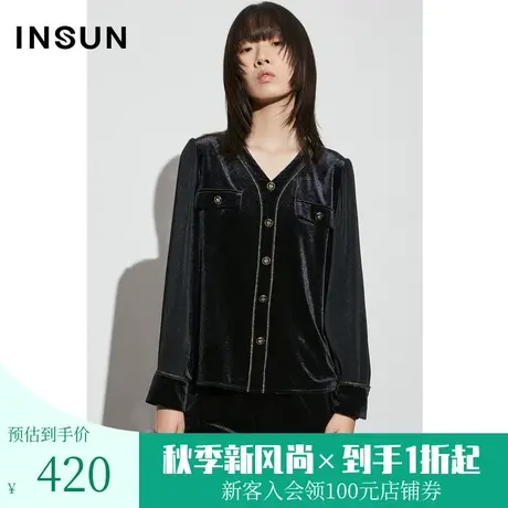 [质感丝绒]恩裳COVER2023早春新款复古奢华织带装饰黑金配色衬衫图片