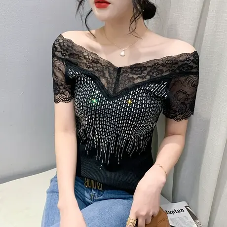 蕾丝拼接t恤女短袖时尚洋气夏装修身性感镂空上衣重工烫钻小衫ins商品大图