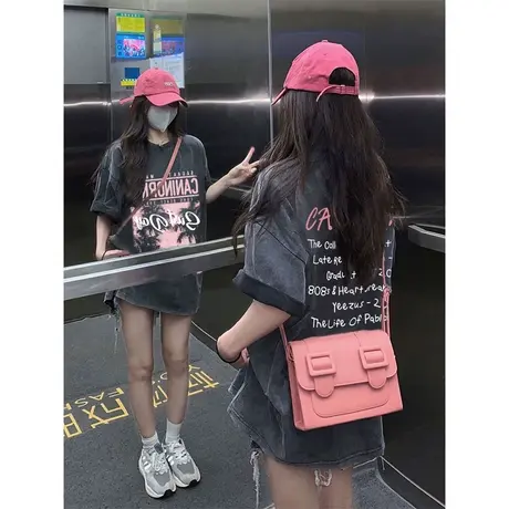 水洗做旧短袖t恤女2023新款夏季美式复古宽松中长款遮屁股上衣服商品大图