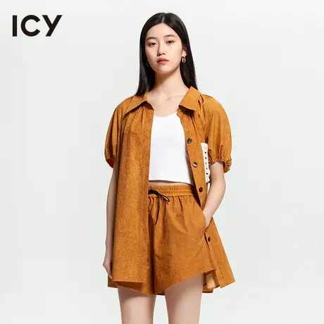 icy2023夏季新款休闲风钩针拼接宽松中长款肌理感纯棉泡泡袖衬衫图片