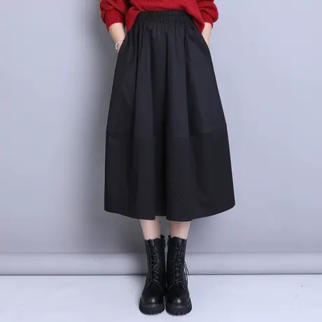 黑色灯笼裙女2023春秋新款高腰显瘦中长款遮胯休闲裙松紧腰半身裙图片