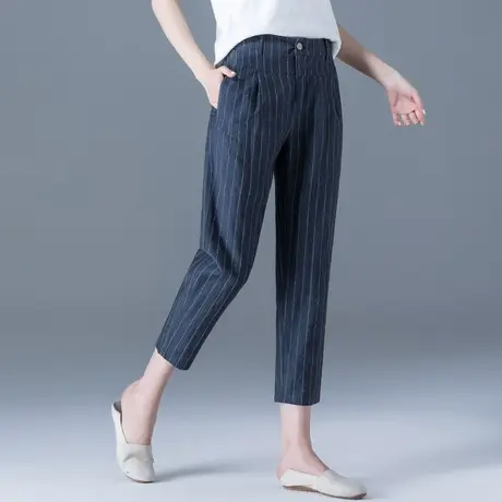 条纹亚麻女裤夏季薄款小个子九分妈妈裤大码休闲八分萝卜哈伦裤子商品大图