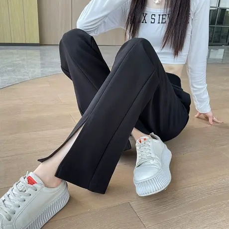 黑色开叉喇叭裤女春秋高腰修身显瘦垂感休闲西装裤分叉直筒微喇裤商品大图