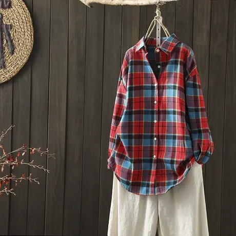 枫谜2020年秋装新款文艺复古磨毛格子衬衫女宽松休闲衬衣外套上衣图片