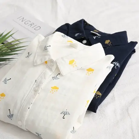 春装日系文艺小清新双层棉纱印花长袖衬衫女学生打底纯棉透气上衣商品大图