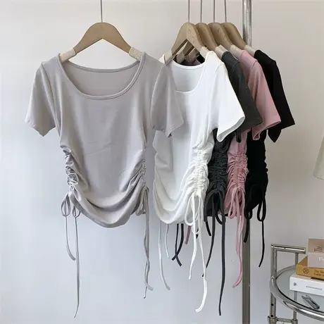 小方领设计两侧抽绳短袖T恤女灰杏色高腰练功服舞蹈服纯色上衣女商品大图