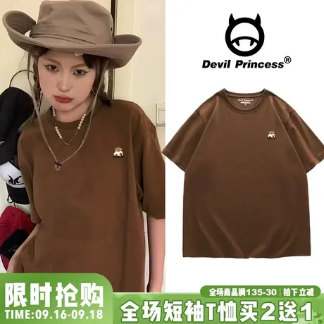 ulzzang小众简约风百搭咖啡色T恤女宽松韩版春夏新款纯棉短袖上衣商品大图