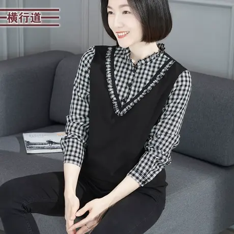 长袖T恤女装立领格子拼接宽松大码胖MM棉质上衣2023新款冬装外穿商品大图