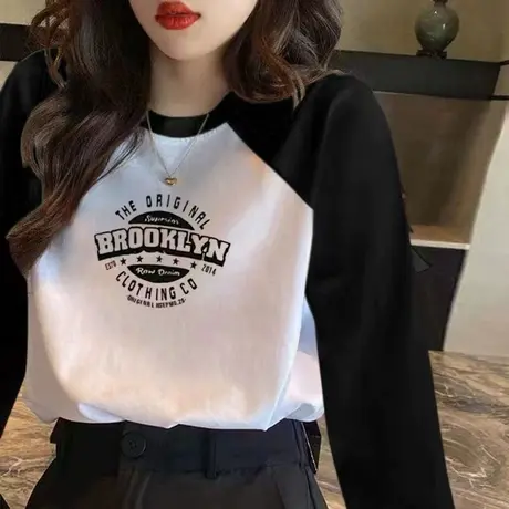 欧货插肩袖长袖t恤女大码胖mm显瘦内搭ins潮设计感秋冬打底衫上衣商品大图