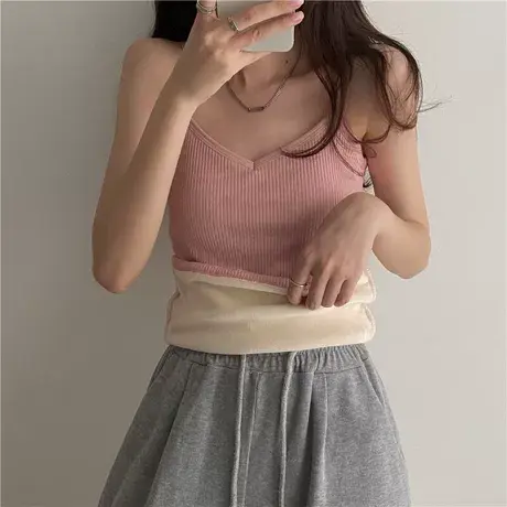 女装秋冬2023年新款韩版内搭吊带背心加绒加厚保暖黑色打底衫上衣图片