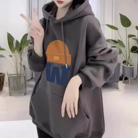 美式复古卫衣女春秋新款宽松中长款连帽大码胖mm显瘦上衣2-300斤商品大图